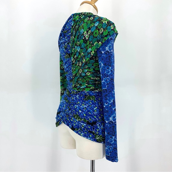 Zara NWOT Draped Blue and Green Printed Colour-blocked Long Sleeve Top, XS - Picture 9 of 16
